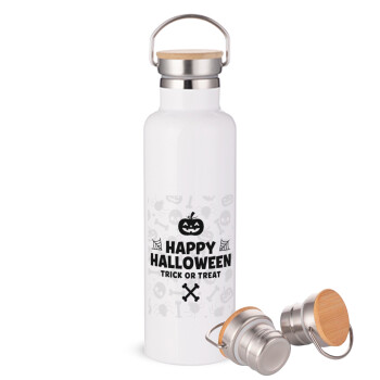Happy Halloween pumpkin, Stainless steel White with wooden lid (bamboo), double wall, 750ml
