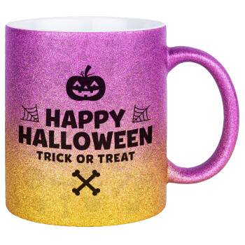 Happy Halloween pumpkin, Κούπα Χρυσή/Ροζ Glitter, κεραμική, 330ml