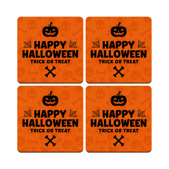 Happy Halloween pumpkin, ΣΕΤ x4 Σουβέρ ξύλινα τετράγωνα plywood (9cm)