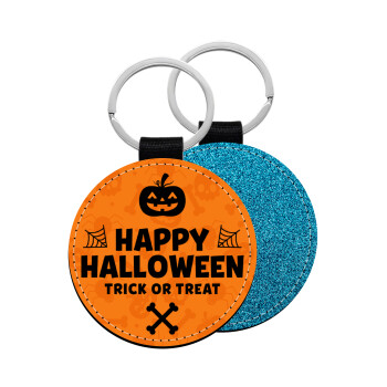 Happy Halloween pumpkin, Μπρελόκ Δερματίνη, στρογγυλό ΜΠΛΕ (5cm)