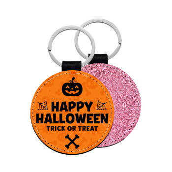 Happy Halloween pumpkin, Μπρελόκ Δερματίνη, στρογγυλό ΡΟΖ (5cm)