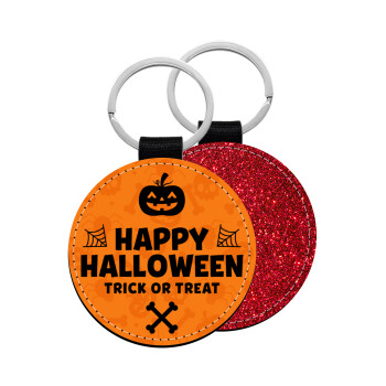 Happy Halloween pumpkin, Μπρελόκ Δερματίνη, στρογγυλό ΚΟΚΚΙΝΟ (5cm)