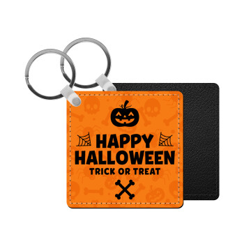 Happy Halloween pumpkin, Μπρελόκ Δερματίνη, τετράγωνο ΜΑΥΡΟ (5x5cm)