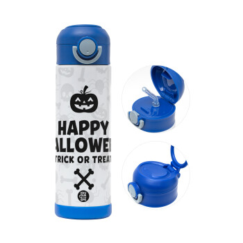 Happy Halloween pumpkin, Children's hot water bottle, stainless steel, with safety straw, BLUE (500ml)