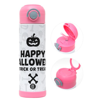 Happy Halloween pumpkin, Children's hot water bottle, stainless steel, with safety straw, PINK (500ml)