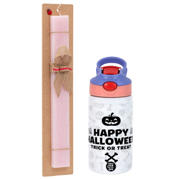 Happy Halloween pumpkin, Easter Set, Children's thermal stainless steel water bottle with safety straw, pink/purple (350ml) & Easter scented flat candle (30cm) (PINK)