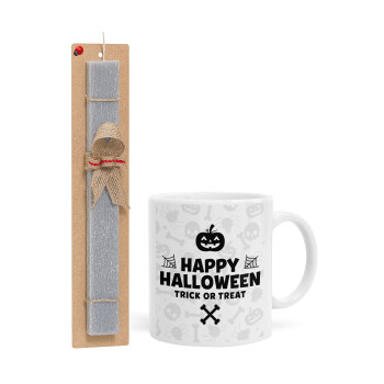 Happy Halloween pumpkin, Πασχαλινό Σετ, Κούπα κεραμική (330ml) & πασχαλινή λαμπάδα αρωματική πλακέ (30cm) (ΓΚΡΙ)