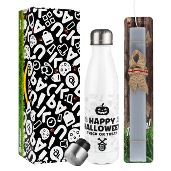Happy Halloween pumpkin, Easter candle, metallic white thermos bottle (500ml) & aromatic flat candle (30cm) (GRAY)