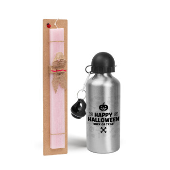 Happy Halloween pumpkin, Easter Set, metallic Silver aluminum water bottle (500ml) & scented flat Easter candle (30cm) (PINK)