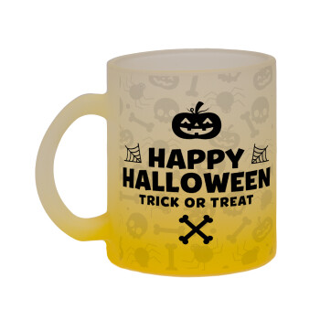 Happy Halloween pumpkin, Κούπα γυάλινη δίχρωμη με βάση το κίτρινο ματ, 330ml