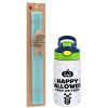 Easter Set, Children's thermal stainless steel bottle with safety straw, green/blue (350ml) & aromatic flat Easter candle (30cm) (TURQUOISE)