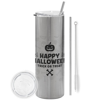 Happy Halloween pumpkin, Eco friendly stainless steel Silver tumbler 600ml, with metal straw & cleaning brush