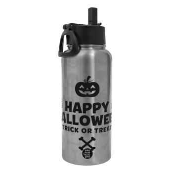 Happy Halloween pumpkin, Μεταλλικό παγούρι θερμός Silver με καλαμάκι και χερούλι (Stainless steel), διπλού τοιχώματος, 950ml