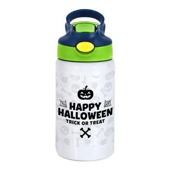 Happy Halloween pumpkin, Children's hot water bottle, stainless steel, with safety straw, green, blue (350ml)