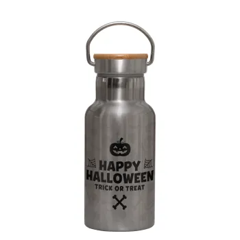 Happy Halloween pumpkin, Μεταλλικό παγούρι θερμός (Stainless steel) Ασημένιο με ξύλινο καπακι (bamboo), διπλού τοιχώματος, 350ml