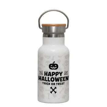 Happy Halloween pumpkin, Metallic thermos (Stainless steel) White with wooden lid (bamboo), double-walled, 350ml