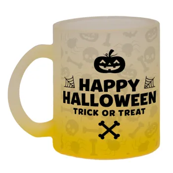 Happy Halloween pumpkin, Κούπα γυάλινη δίχρωμη με βάση το κίτρινο ματ, 330ml