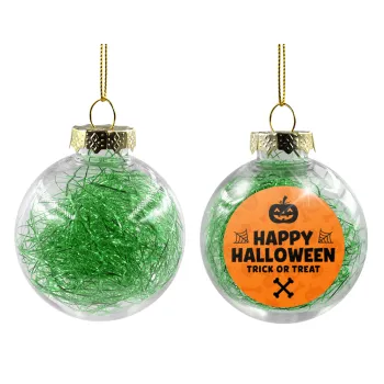 Happy Halloween pumpkin, Στολίδι Χριστουγεννιάτικη μπάλα δένδρου διάφανη με πράσινο γέμισμα 8cm