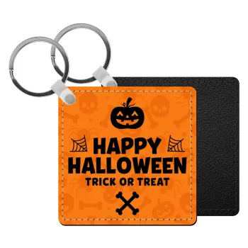 Happy Halloween pumpkin, Μπρελόκ Δερματίνη, τετράγωνο ΜΑΥΡΟ (5x5cm)