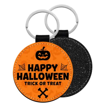 Happy Halloween pumpkin, Μπρελόκ Δερματίνη, στρογγυλό ΜΑΥΡΟ (5cm)