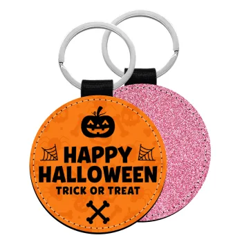 Happy Halloween pumpkin, Μπρελόκ Δερματίνη, στρογγυλό ΡΟΖ (5cm)