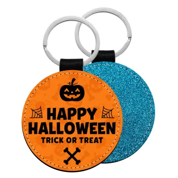 Happy Halloween pumpkin, Μπρελόκ Δερματίνη, στρογγυλό ΜΠΛΕ (5cm)