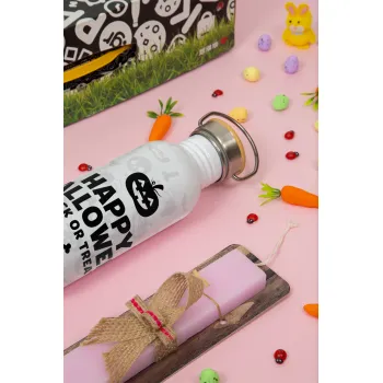 Happy Halloween pumpkin, Πασχαλινή Λαμπάδα με παγούρι μεταλλικό (620ml, stainless steel) & κερί αρωματικό πλακέ (30cm) (ΡΟΖ)