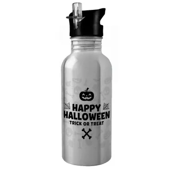 Happy Halloween pumpkin, Water bottle Silver with straw, stainless steel 600ml