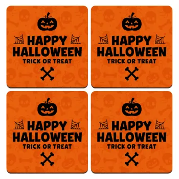 Happy Halloween pumpkin, ΣΕΤ x4 Σουβέρ ξύλινα τετράγωνα plywood (9cm)