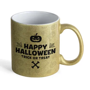 Happy Halloween pumpkin, Κούπα Χρυσή Glitter που γυαλίζει, κεραμική, 330ml