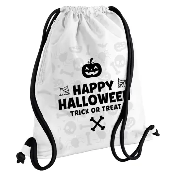 Happy Halloween pumpkin, Backpack pouch GYMBAG white, with pocket (40x48cm) & thick cords