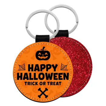 Happy Halloween pumpkin, Μπρελόκ Δερματίνη, στρογγυλό ΚΟΚΚΙΝΟ (5cm)