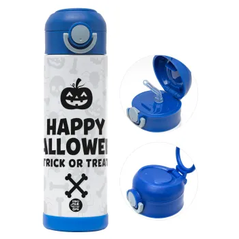 Happy Halloween pumpkin, Παιδικό παγούρι θερμό, ανοξείδωτο, με καλαμάκι ασφαλείας, ΜΠΛΕ (500ml)