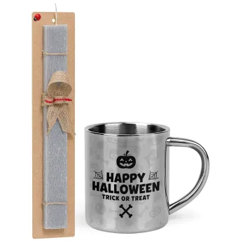 Happy Halloween pumpkin, Easter Set, metallic thermal cup (300ml) & Easter aromatic flat candle (30cm) (GRAY)