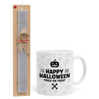 Happy Halloween pumpkin, Πασχαλινή Λαμπάδα με Κούπα κεραμική (330ml) & κερί αρωματικό πλακέ (30cm) (ΓΚΡΙ)