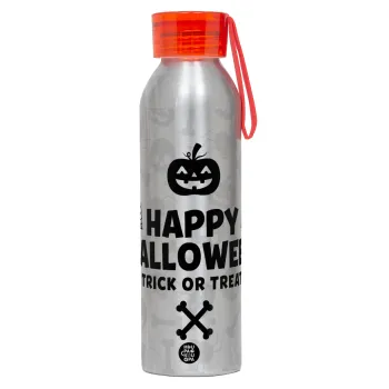 Happy Halloween pumpkin, Αλουμινένιο Αθλητικό Μπουκάλι 650ml – Ασημί με Κόκκινο Καπάκι και Λουράκι Σιλικόνης