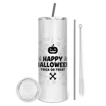 Happy Halloween pumpkin, Tumbler ποτήρι θερμό από ανοξείδωτο ατσάλι 600ml, με μεταλλικό καλαμάκι & βούρτσα καθαρισμού