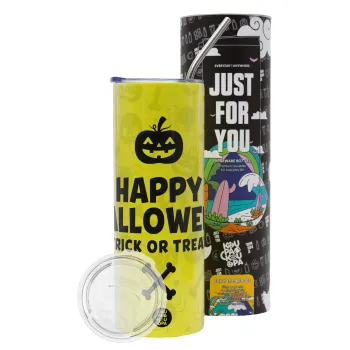 Happy Halloween pumpkin, Neon Yellow Travel Tumbler θερμό, μεταλλικό καλαμάκι(Ανωξείδωτο 304 Food grade, BPA free, 600ml)