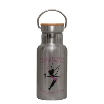 Drinkerbell bachellor, Stainless steel metallic thermos flask, silver with a bamboo lid, double-walled, 350ml.