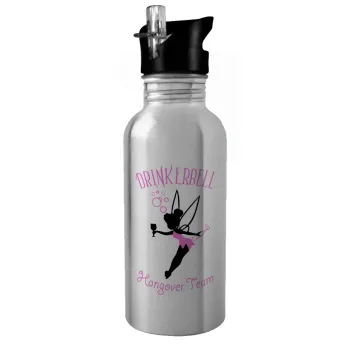Drinkerbell bachellor, Water bottle Silver with straw, stainless steel 600ml