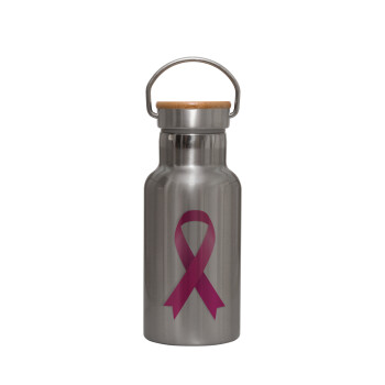 World cancer day, Stainless steel metallic thermos flask, silver with a bamboo lid, double-walled, 350ml.