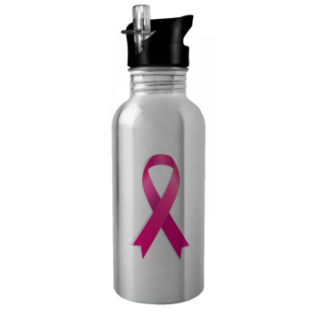 World cancer day, Water bottle Silver with straw, stainless steel 600ml