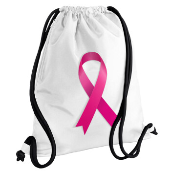  Παγκόσμια Ημέρα κατά του Καρκίνου, Τσάντα πλάτης πουγκί GYMBAG λευκή, με τσέπη (40x48cm) & χονδρά κορδόνια