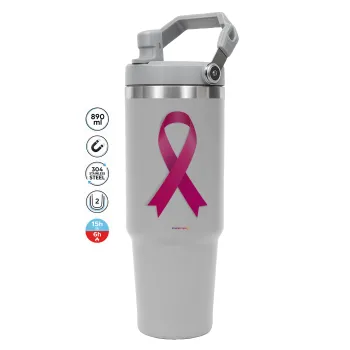  Παγκόσμια Ημέρα κατά του Καρκίνου, ΓΚΡΙ Travel Tumbler Θερμός με χερούλι και καλαμάκι 890ml