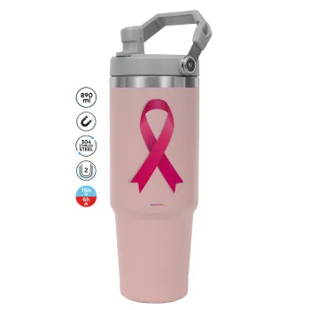  Παγκόσμια Ημέρα κατά του Καρκίνου, ΡΟΖ Travel Tumbler Θερμός με χερούλι και καλαμάκι 890ml