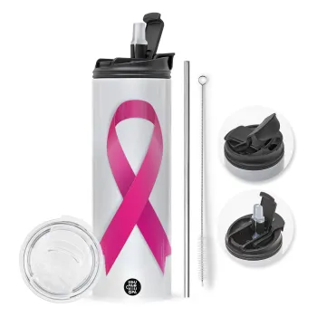  Παγκόσμια Ημέρα κατά του Καρκίνου, Travel Tumbler θερμό με διπλό καπάκι, μεταλλικό καλαμάκι και βούρτσα καθαρισμού (Ανωξείδωτο 304 Food grade, BPA free, 600ml)