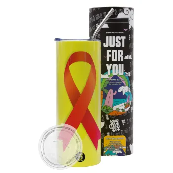  Παγκόσμια Ημέρα κατά του Καρκίνου, Neon Yellow Travel Tumbler θερμό, μεταλλικό καλαμάκι(Ανωξείδωτο 304 Food grade, BPA free, 600ml)