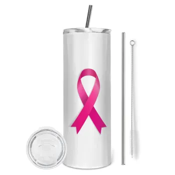  Παγκόσμια Ημέρα κατά του Καρκίνου, Tumbler ποτήρι θερμό από ανοξείδωτο ατσάλι 600ml, με μεταλλικό καλαμάκι & βούρτσα καθαρισμού