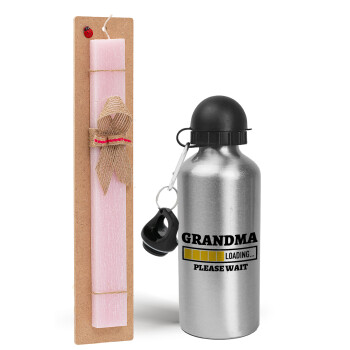 Grandma Loading, Πασχαλινό Σετ, παγούρι μεταλλικό Ασημένιο αλουμινίου (500ml) & πασχαλινή λαμπάδα αρωματική πλακέ (30cm) (ΡΟΖ)