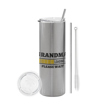 Grandma Loading, Eco friendly stainless steel Silver tumbler 600ml, with metal straw & cleaning brush